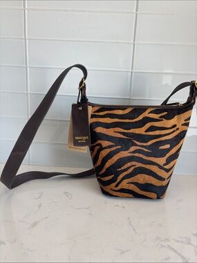 Margot Leather and Calf Hair Tiger-Print Crossbody Bag in Brown and Black